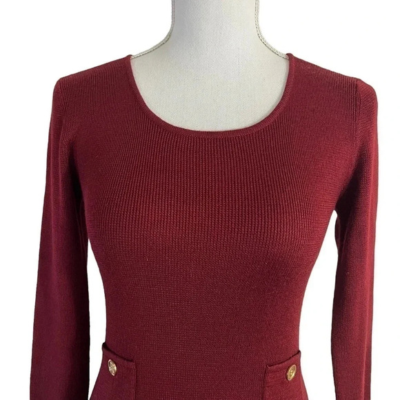 Anne Klein Wool Blend Dark Red Sweater Dress Small 3/4 Sleeves Pockets Buttons - Picture 6 of 7